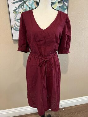 Ava & Viv Deep Burgundy V-Neck Tie-Waist Midi Dress